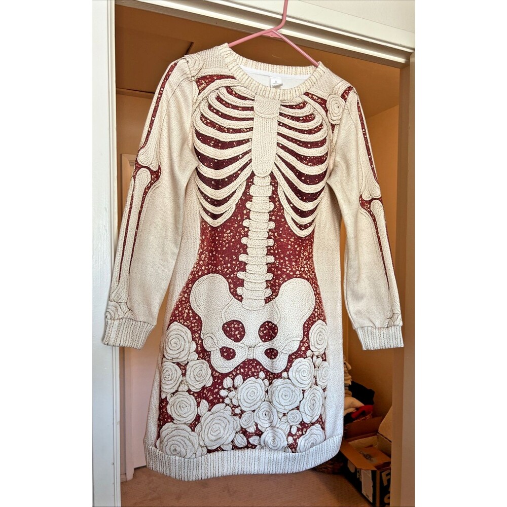 Skeleton Rose Sweater Dress S Tan Red Roses Long Sleeve Halloween Goth